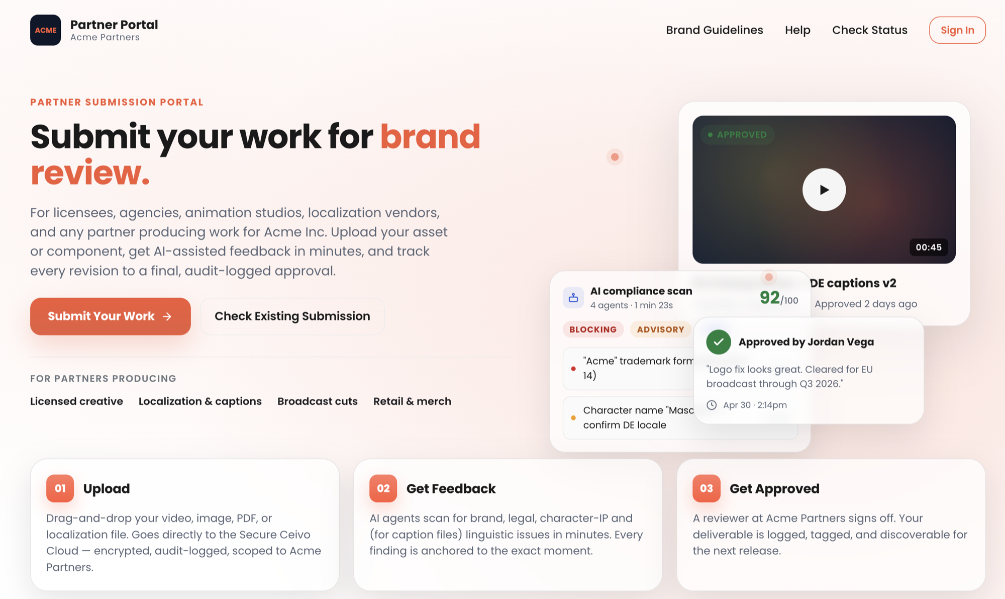 A customer-branded Atrium submission portal where partners upload creative for compliance review, showing an AI compliance scan scoring a submission with blocking and advisory findings and a reviewer approval.