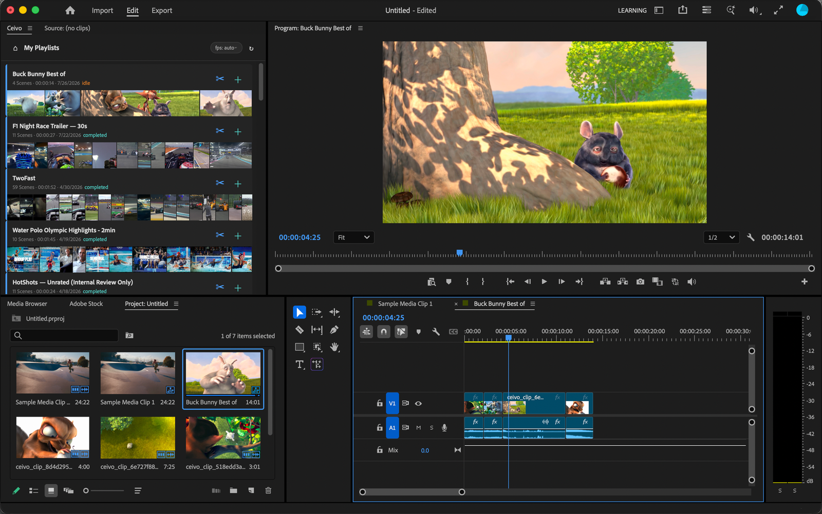The Ceivo panel docked in Premiere Pro, showing a list of playlist cards with scene counts, durations, and thumbnail strips, each with a scissors button and a plus button, and an fps picker in the panel header. A sequence built from the top playlist sits in the timeline with its cuts butt-joined on the video and audio tracks, and the extracted media appears in the project bin.
