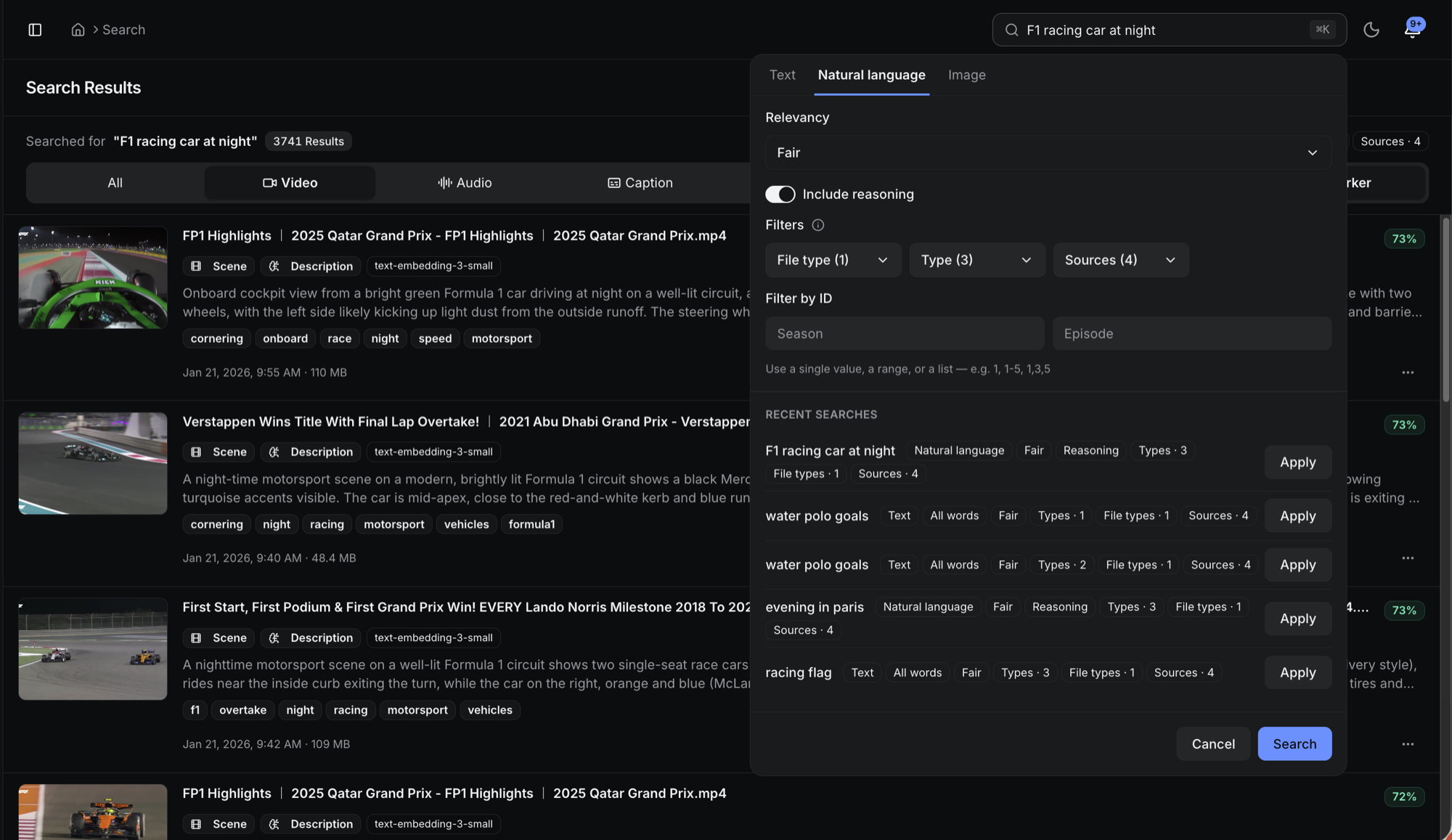 Ceivo's search interface with Text, Natural language, and Image modes, showing results for the natural-language query 'F1 racing car at night' with scene descriptions, tags, and relevancy scores.