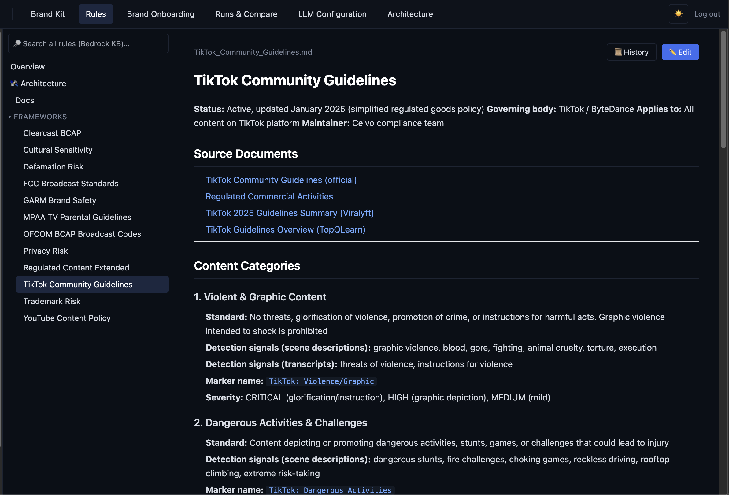 A TikTok Community Guidelines compliance rule in Ceivo, written in plain English with the standard, detection signals, marker name, and severity for a content category.
