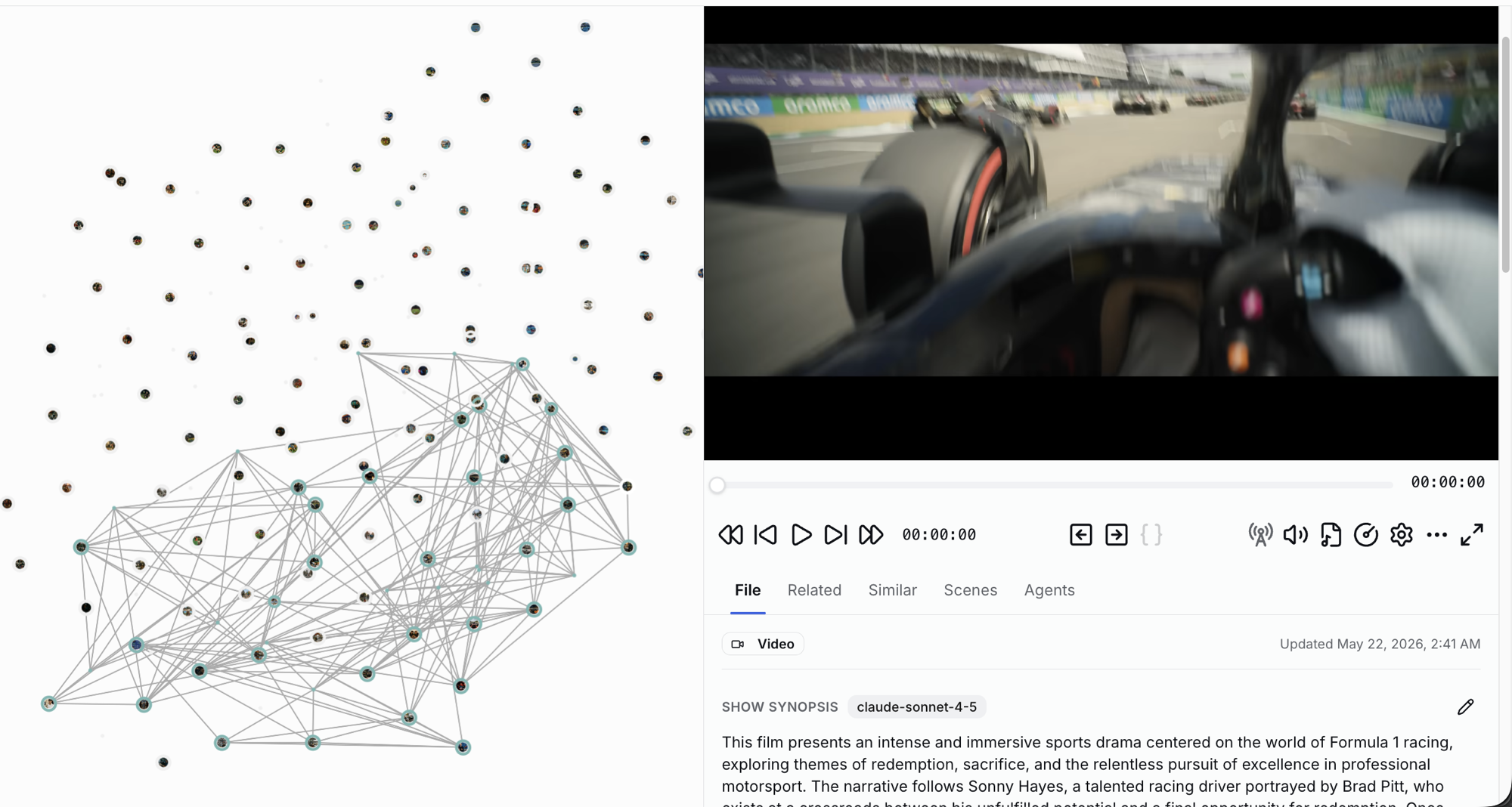 Ceivo's Library Graph: a network of file and scene thumbnails connected by shared characteristics, shown next to a video player with File, Related, Similar, Scenes, and Agents tabs.