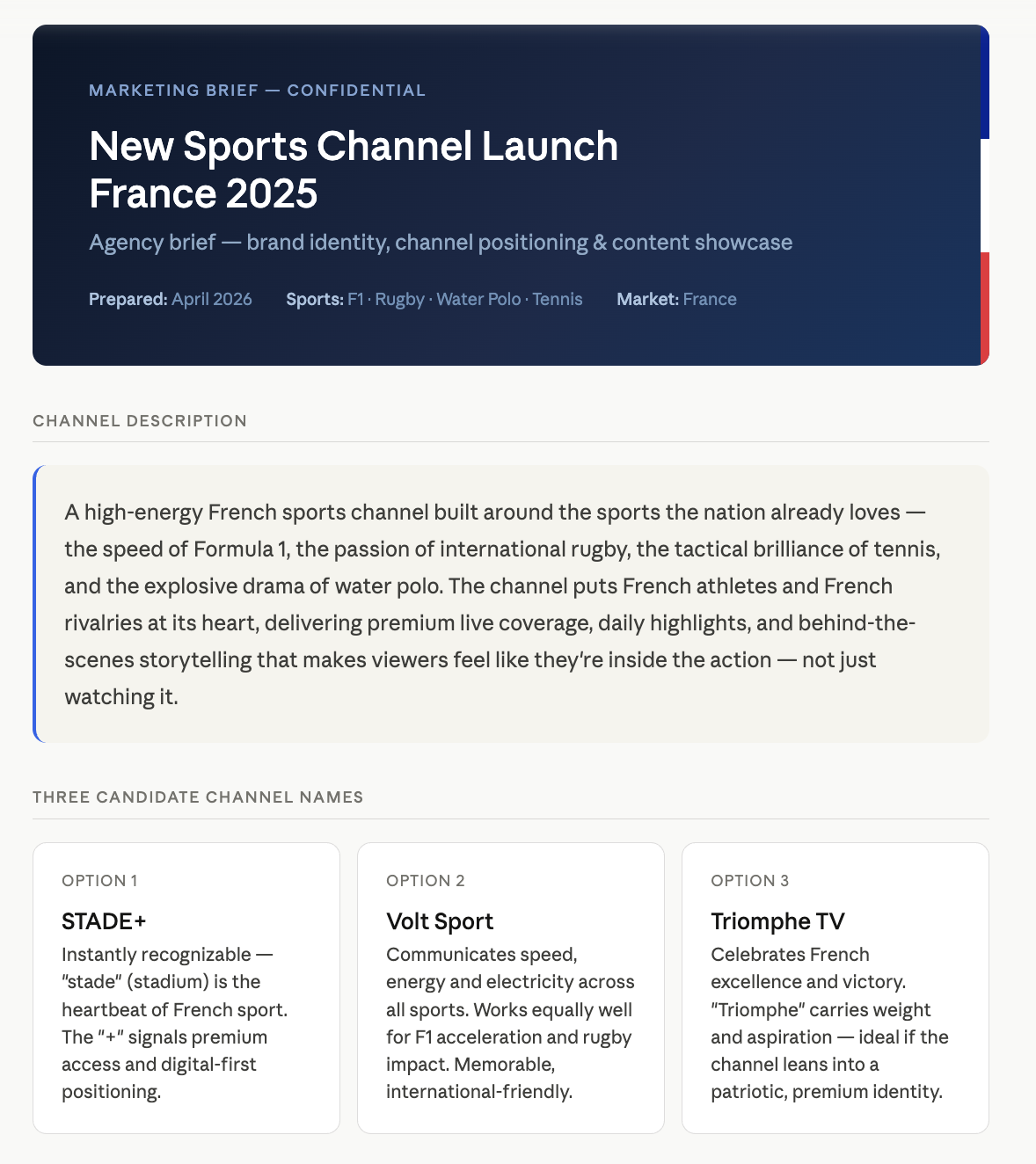 An AI-generated marketing brief for a new sports channel, including a channel description, positioning, and three candidate channel names.